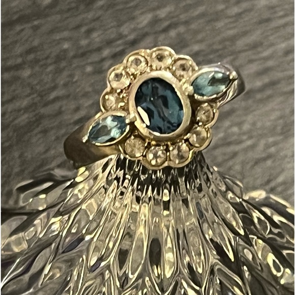 Vintage Sterling Silver 925 Blue Topaz And Cz Floral Ring Size 12 - Picture 14 of 16